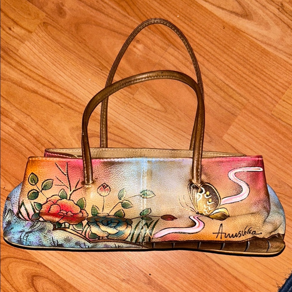 Anuschka Handbag Purse Hand Painted Floral Leather signed handbag